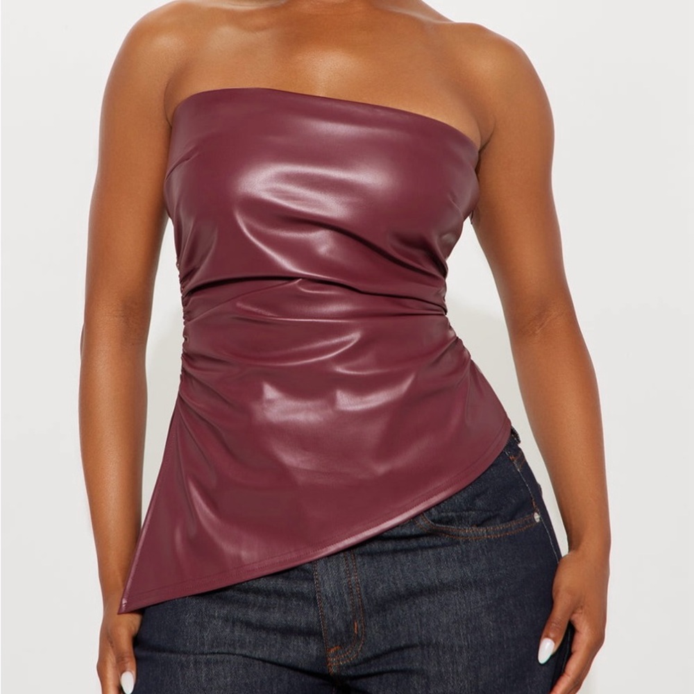 Fashion Nova Strapless Faux Leather Asymmetric Top - Wine